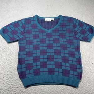 Vintage Lady DeVON Sweater Womens Small Blue Check V Neck Short Sleeve Knit